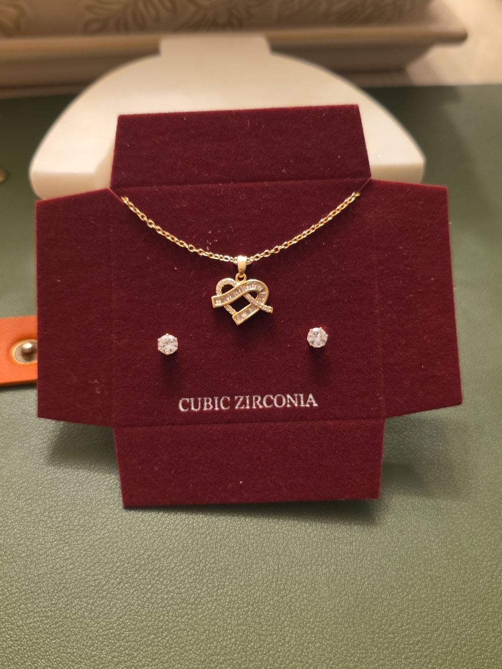 Cubic Zirconia Heart Necklace & Earrings in Gold Plated